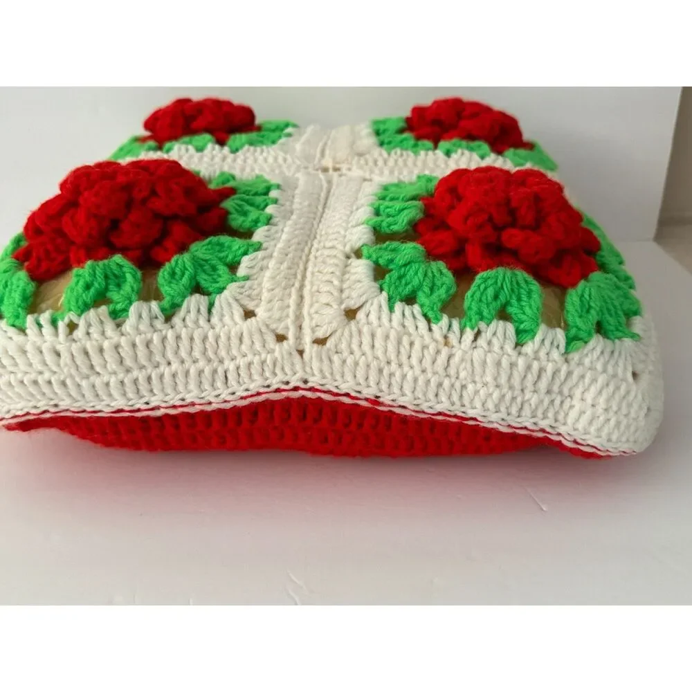 Handmade Crochet 3D Red Roses Floral Decor Pillow Christmas Holiday Vintage